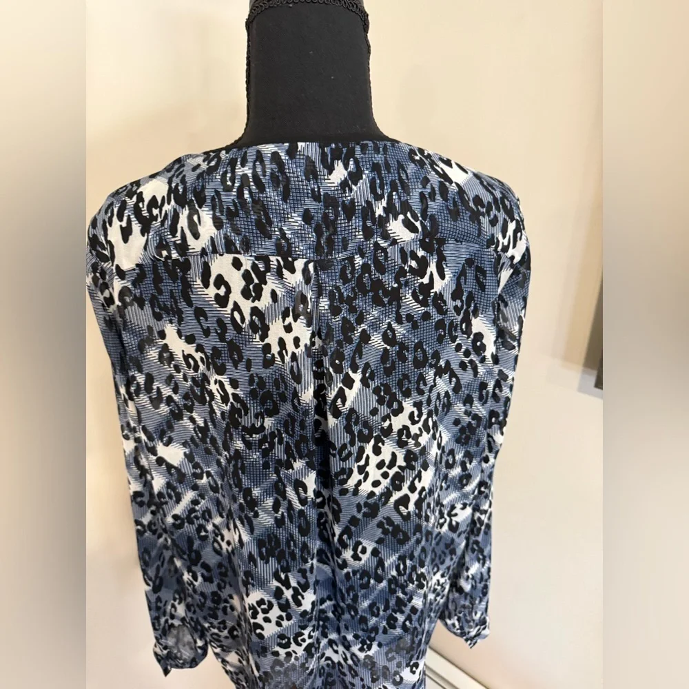 CAbi Fatale Blue and Black Leopard Print Sheer Blouse